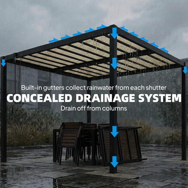 3 x 3 m Louvered Pergola with Adjustable PC Louvred Roof, Aluminium Frame, Patio Gazebo Pergola Canopy with Drainage Gutters, Handle, Expansion Screws for Garden Outdoor, Coffee