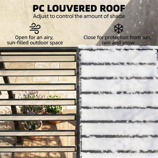 3 x 3 m Louvered Pergola with Adjustable PC Louvred Roof, Aluminium Frame, Patio Gazebo Pergola Canopy with Drainage Gutters, Handle, Expansion Screws for Garden Outdoor, Coffee
