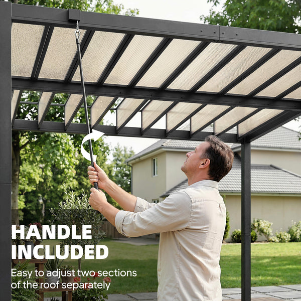 3 x 3 m Louvered Pergola with Adjustable PC Louvred Roof, Aluminium Frame, Patio Gazebo Pergola Canopy with Drainage Gutters, Handle, Expansion Screws for Garden Outdoor, Coffee