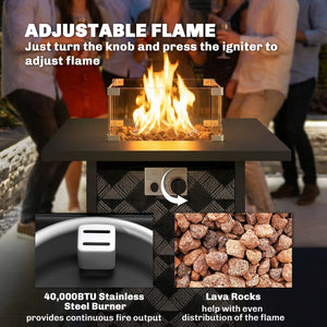 Square Propane Gas Fire Pit Table,12 KW Firepit Outdoor Patio Heater with Proof Net and Glass Wind Guard, Lava Rocks, Gas Tank Holder, Outdoor Firepits for Garden Patio, Black