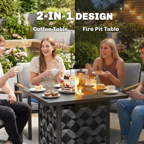 Square Propane Gas Fire Pit Table,12 KW Firepit Outdoor Patio Heater with Proof Net and Glass Wind Guard, Lava Rocks, Gas Tank Holder, Outdoor Firepits for Garden Patio, Black