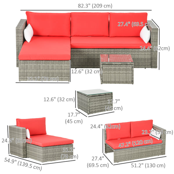 3-Piece Patio Furniture Set Modern Sectional Sofa Rattan Chair Wicker Conversation Set Outdoor Hand Woven Rattan Wicker Furniture Patio Coffee Table Sofa Set, Red