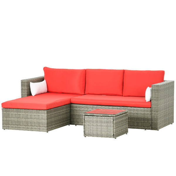 3-Piece Patio Furniture Set Modern Sectional Sofa Rattan Chair Wicker Conversation Set Outdoor Hand Woven Rattan Wicker Furniture Patio Coffee Table Sofa Set, Red