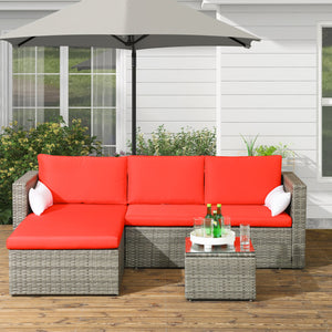 3-Piece Patio Furniture Set Modern Sectional Sofa Rattan Chair Wicker Conversation Set Outdoor Hand Woven Rattan Wicker Furniture Patio Coffee Table Sofa Set, Red