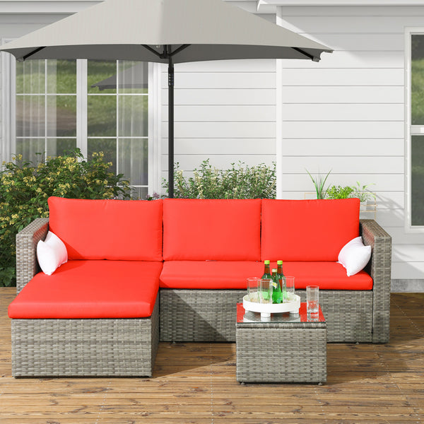 3-Piece Patio Furniture Set Modern Sectional Sofa Rattan Chair Wicker Conversation Set Outdoor Hand Woven Rattan Wicker Furniture Patio Coffee Table Sofa Set, Red