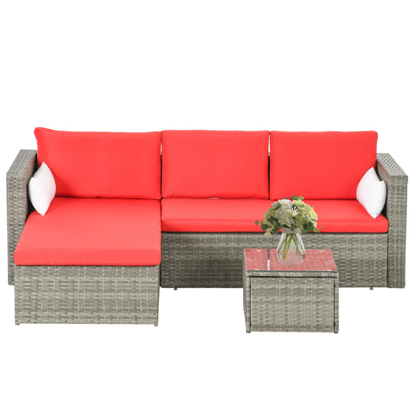 3-Piece Patio Furniture Set Modern Sectional Sofa Rattan Chair Wicker Conversation Set Outdoor Hand Woven Rattan Wicker Furniture Patio Coffee Table Sofa Set, Red