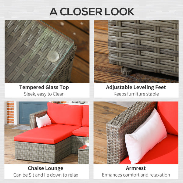 3-Piece Patio Furniture Set Modern Sectional Sofa Rattan Chair Wicker Conversation Set Outdoor Hand Woven Rattan Wicker Furniture Patio Coffee Table Sofa Set, Red
