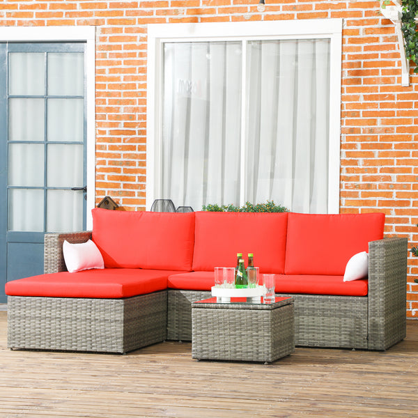 3-Piece Patio Furniture Set Modern Sectional Sofa Rattan Chair Wicker Conversation Set Outdoor Hand Woven Rattan Wicker Furniture Patio Coffee Table Sofa Set, Red