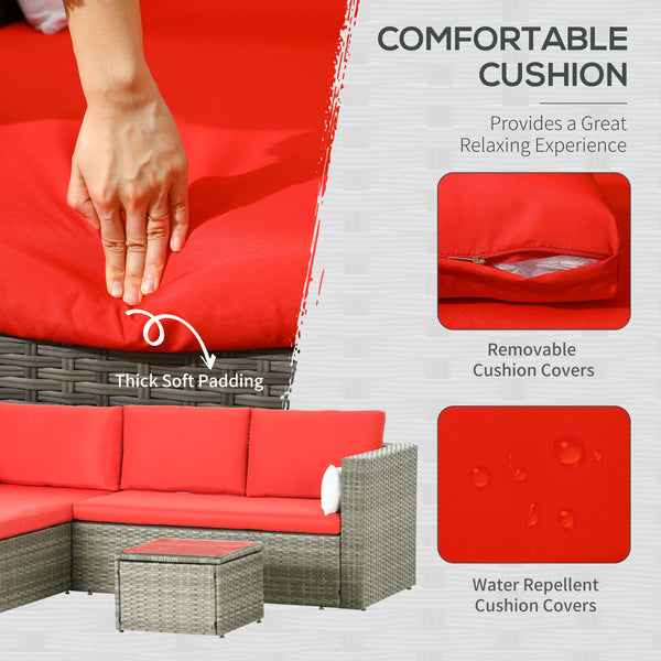 3-Piece Patio Furniture Set Modern Sectional Sofa Rattan Chair Wicker Conversation Set Outdoor Hand Woven Rattan Wicker Furniture Patio Coffee Table Sofa Set, Red