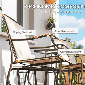 Double Patio Glider Chair with Glass Top Center Table, Outdoor Glider Loveseat with High Back,  All Weather Breathable Mesh Fabric for Garden, Backyard, Deck, Light Brown