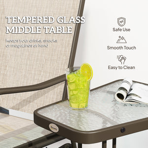 Double Patio Glider Chair with Glass Top Center Table, Outdoor Glider Loveseat with High Back,  All Weather Breathable Mesh Fabric for Garden, Backyard, Deck, Light Brown