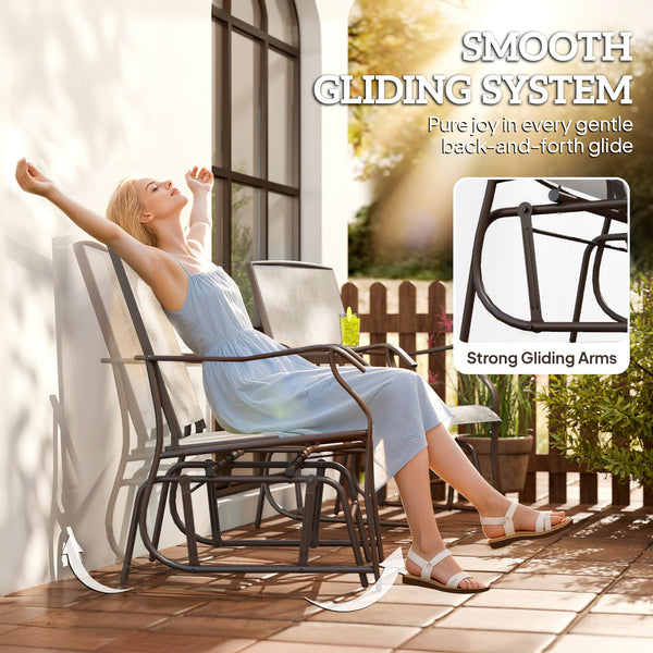 Double Patio Glider Chair with Glass Top Center Table, Outdoor Glider Loveseat with High Back,  All Weather Breathable Mesh Fabric for Garden, Backyard, Deck, Light Brown