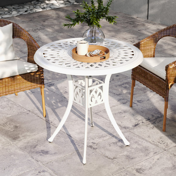 78 cm Round Garden Dining Table with Parasol Hole Antique Cast Aluminium Outdoor Table Only, White