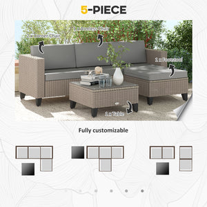 5 Pieces PE Rattan Garden Furniture Set, 4 Seater Garden Corner Sofa Set with Glass Coffee Table, Wicker Outdoor Furniture Set with Cushions for Patio Deck, Brown