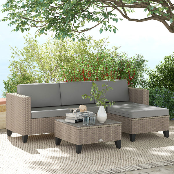 5 Pieces PE Rattan Garden Furniture Set, 4 Seater Garden Corner Sofa Set with Glass Coffee Table, Wicker Outdoor Furniture Set with Cushions for Patio Deck, Brown