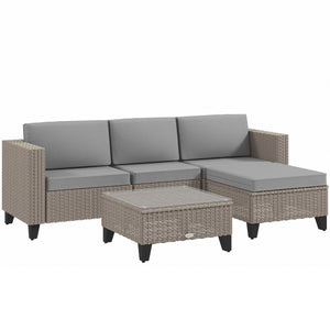 5 Pieces PE Rattan Garden Furniture Set, 4 Seater Garden Corner Sofa Set with Glass Coffee Table, Wicker Outdoor Furniture Set with Cushions for Patio Deck, Brown