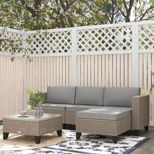 5 Pieces PE Rattan Garden Furniture Set, 4 Seater Garden Corner Sofa Set with Glass Coffee Table, Wicker Outdoor Furniture Set with Cushions for Patio Deck, Brown