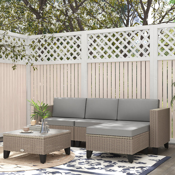 5 Pieces PE Rattan Garden Furniture Set, 4 Seater Garden Corner Sofa Set with Glass Coffee Table, Wicker Outdoor Furniture Set with Cushions for Patio Deck, Brown