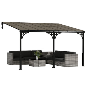 13' x 10' Lean to Gazebo, Hardtop Wall Mounted Outdoor Pergola with Polycarbonate Roof and Metal-Aluminium Frame, Heavy Duty Metal Pergola for Patio Deck Backyard, Brown