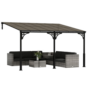 4 x 3 m Metal Lean-to Pergola, Wall-Mounted Garden Pergola with Polycarbonate Roof and Metal-Aluminium Frame, Heavy Duty Hardtop Gazebo for Outdoor Patios, BBQ, Brown
