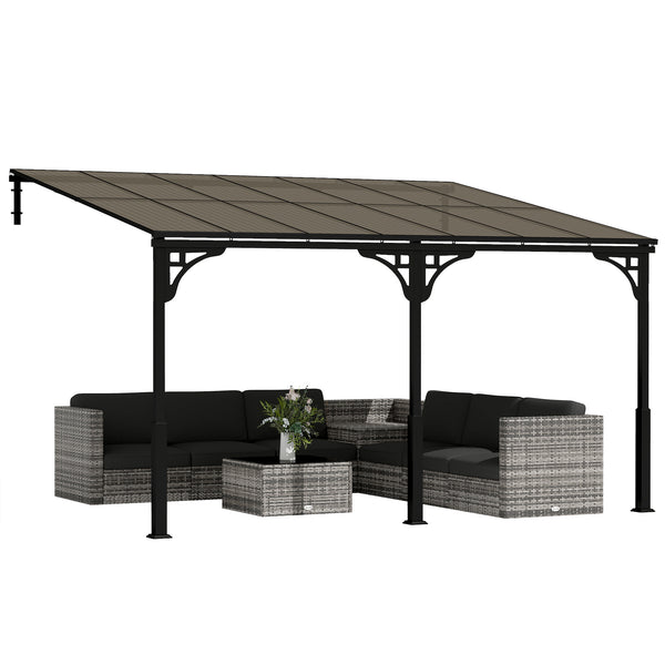 4 x 3 m Metal Lean-to Pergola, Wall-Mounted Garden Pergola with Polycarbonate Roof and Metal-Aluminium Frame, Heavy Duty Hardtop Gazebo for Outdoor Patios, BBQ, Brown