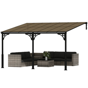 13' x 10' Lean to Gazebo, Hardtop Wall Mounted Outdoor Pergola with Polycarbonate Roof and Metal-Aluminium Frame, Heavy Duty Metal Pergola for Patio Deck Backyard, Brown
