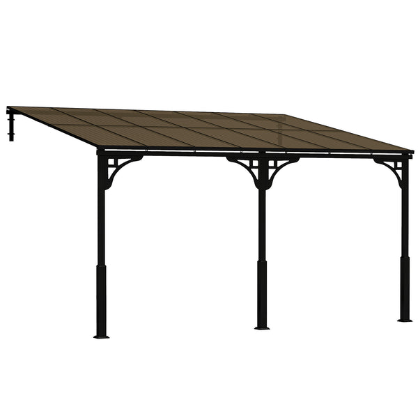 13' x 10' Lean to Gazebo, Hardtop Wall Mounted Outdoor Pergola with Polycarbonate Roof and Metal-Aluminium Frame, Heavy Duty Metal Pergola for Patio Deck Backyard, Brown
