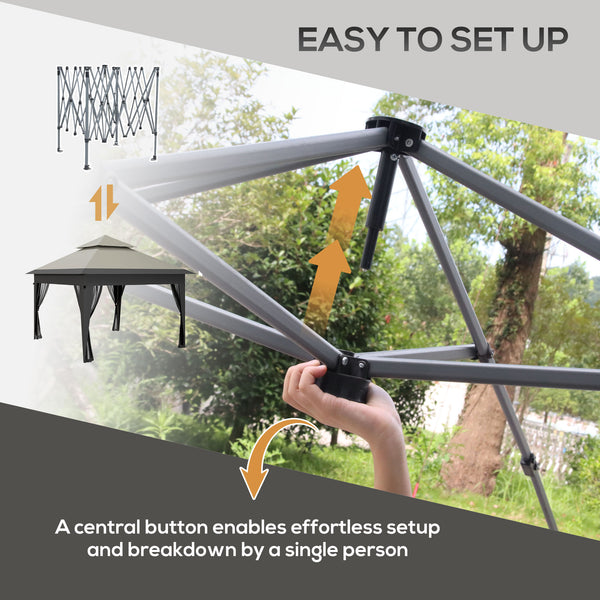 3 x 3(m) Pop Up Gazebo with Mosquito Netting, 1 Person Easy up Marquee Party Tent with 1-Button Push, Double Roof, Carry Bag, Sandbags, Height Adjustable Instant Shelter, Grey