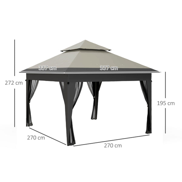 3 x 3(m) Pop Up Gazebo with Mosquito Netting, 1 Person Easy up Marquee Party Tent with 1-Button Push, Double Roof, Carry Bag, Sandbags, Height Adjustable Instant Shelter, Grey