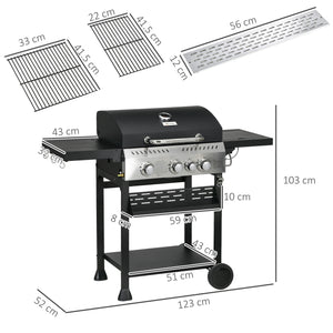 3+1 Gas Burner Grill, 11.5 kW Propane Gas Barbecue BBQ Grill with Wheels, Warming Rack, Shelves, Thermometer, Bottle Opener, Black