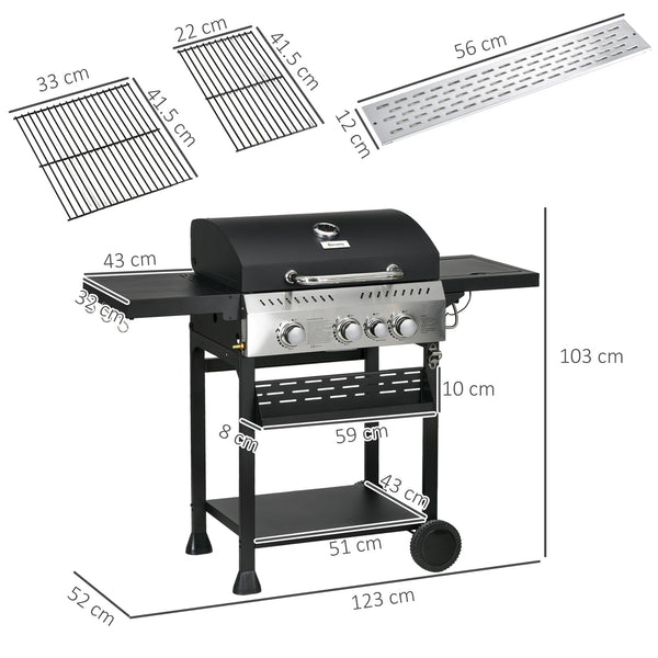 3+1 Gas Burner Grill, 11.5 kW Propane Gas Barbecue BBQ Grill with Wheels, Warming Rack, Shelves, Thermometer, Bottle Opener, Black