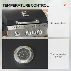 3+1 Gas Burner Grill, 11.5 kW Propane Gas Barbecue BBQ Grill with Wheels, Warming Rack, Shelves, Thermometer, Bottle Opener, Black