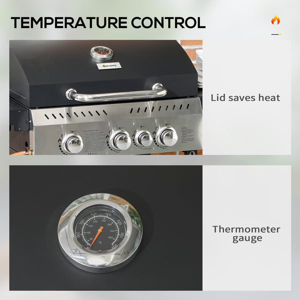 3+1 Gas Burner Grill, 11.5 kW Propane Gas Barbecue BBQ Grill with Wheels, Warming Rack, Shelves, Thermometer, Bottle Opener, Black