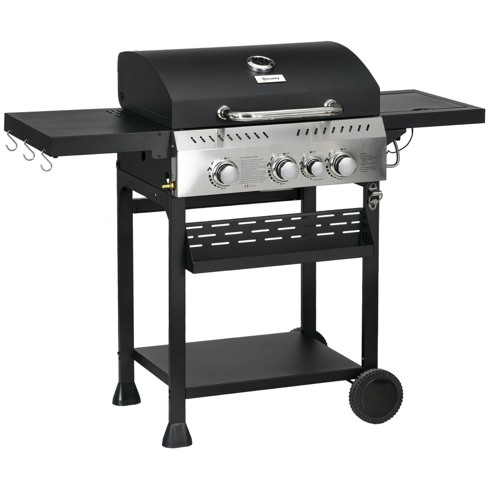 3+1 Gas Burner Grill, 11.5 kW Propane Gas Barbecue BBQ Grill with Wheels, Warming Rack, Shelves, Thermometer, Bottle Opener, Black