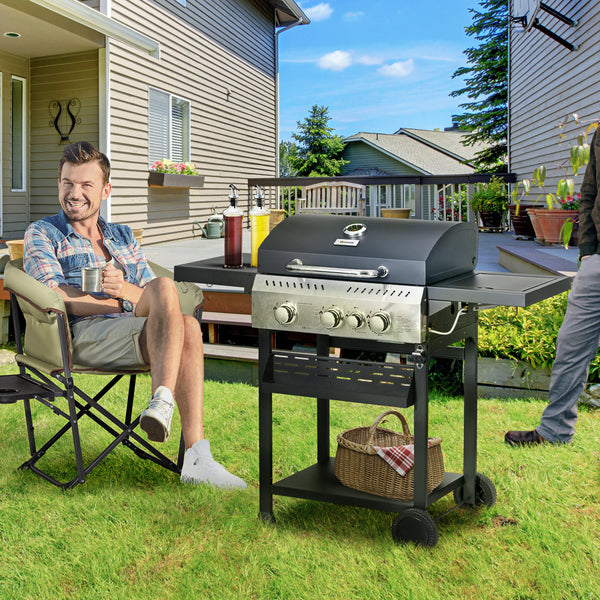 3+1 Gas Burner Grill, 11.5 kW Propane Gas Barbecue BBQ Grill with Wheels, Warming Rack, Shelves, Thermometer, Bottle Opener, Black