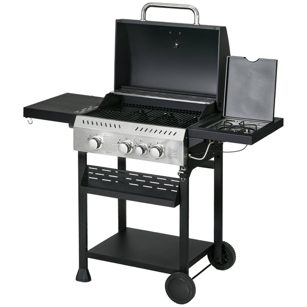 3+1 Gas Burner Grill, 11.5 kW Propane Gas Barbecue BBQ Grill with Wheels, Warming Rack, Shelves, Thermometer, Bottle Opener, Black