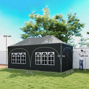 3 x 6m Pop Up Gazebo with Sides, 6 Sandbags, Peak Top Height Adjustable Outdoor Garden Party Tent Marquee Wedding Awning Canopy Instant Event Shelter with Carry Bag, Windows, Dark Grey