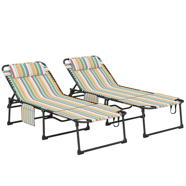2 Piece Folding Chaise Lounge with 5-level Reclining Back, Tanning Chair with Face Hole, Outdoor Lounge Chair with Side Pocket & Headrest for Beach, Yard, Patio, Rainbow Striped