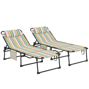 2 Piece Folding Chaise Lounge with 5-level Reclining Back, Tanning Chair with Face Hole, Outdoor Lounge Chair with Side Pocket & Headrest for Beach, Yard, Patio, Rainbow Striped