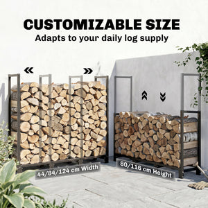 4 ft Firewood Rack with Customisable Width & Height, Cable Reinforcement, 616 lb Capacity Heavy Duty Galvanized Steel Log Store Indoors, Log Storage Holder, Black