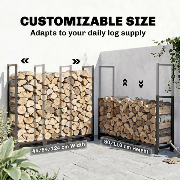 4 ft Firewood Rack with Customisable Width & Height, Cable Reinforcement, 616 lb Capacity Heavy Duty Galvanized Steel Log Store Indoors, Log Storage Holder, Black