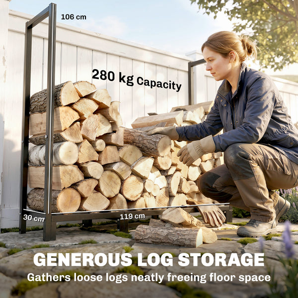 4 ft Firewood Rack with Customisable Width & Height, Cable Reinforcement, 616 lb Capacity Heavy Duty Galvanized Steel Log Store Indoors, Log Storage Holder, Black