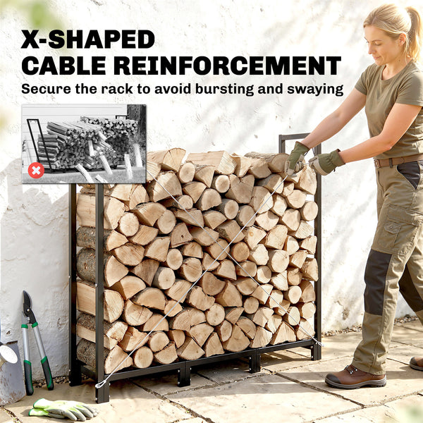 4 ft Firewood Rack with Customisable Width & Height, Cable Reinforcement, 616 lb Capacity Heavy Duty Galvanized Steel Log Store Indoors, Log Storage Holder, Black