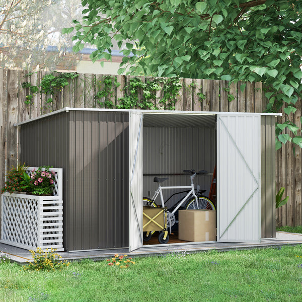 Outsunny 11' x 6' Outdoor Storage Shed, Galvanized Metal Utility Garden Tool House, Lockable Door for Backyard, Bike, Patio, Garage, Lawn, Light Gray