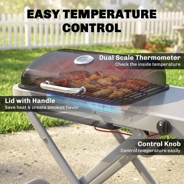 Foldable Gas BBQ Grill with Side Table, Portable Gas Barbecue Grill with Folding Trolley, Thermometer, Grease Box, Wheels for Garden Party Camping Picnic Outdoor Cooking, 2.5 kW, Black