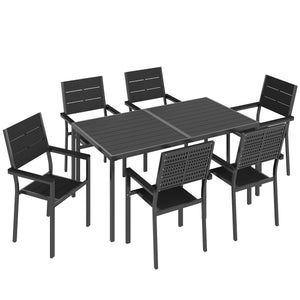 7 Pieces Outdoor Dining Set, Patio Table and Chairs for 6, Garden Dining Furniture Set with Slatted Tabletop and Metal Frame for Balcony, Patio, Backyard, Black