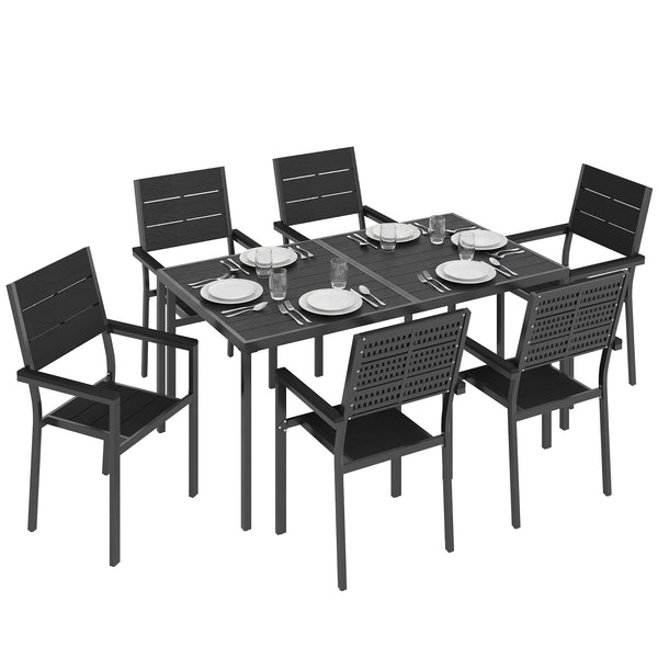 7 Pieces Outdoor Dining Set, Patio Table and Chairs for 6, Garden Dining Furniture Set with Slatted Tabletop and Metal Frame for Balcony, Patio, Backyard, Black