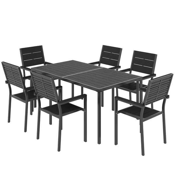 7 Pieces Outdoor Dining Set, Patio Table and Chairs for 6, Garden Dining Furniture Set with Slatted Tabletop and Metal Frame for Balcony, Patio, Backyard, Black