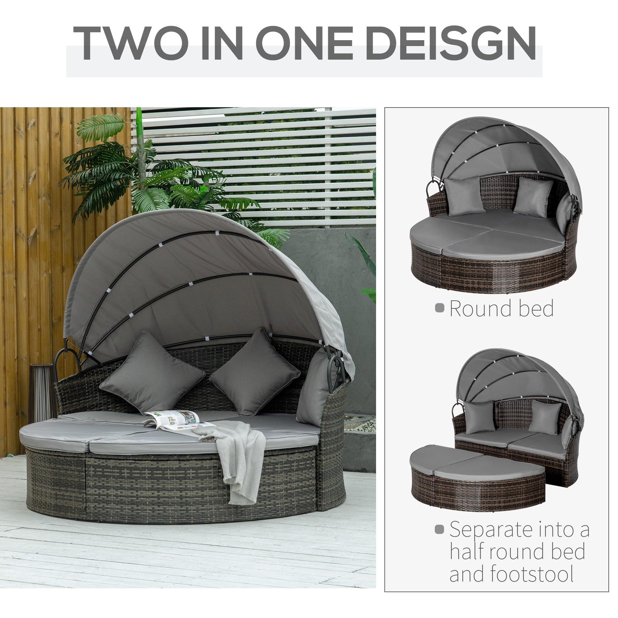 Outsunnny 2 Pieces Rattan Outdoor Daybed with Retractable