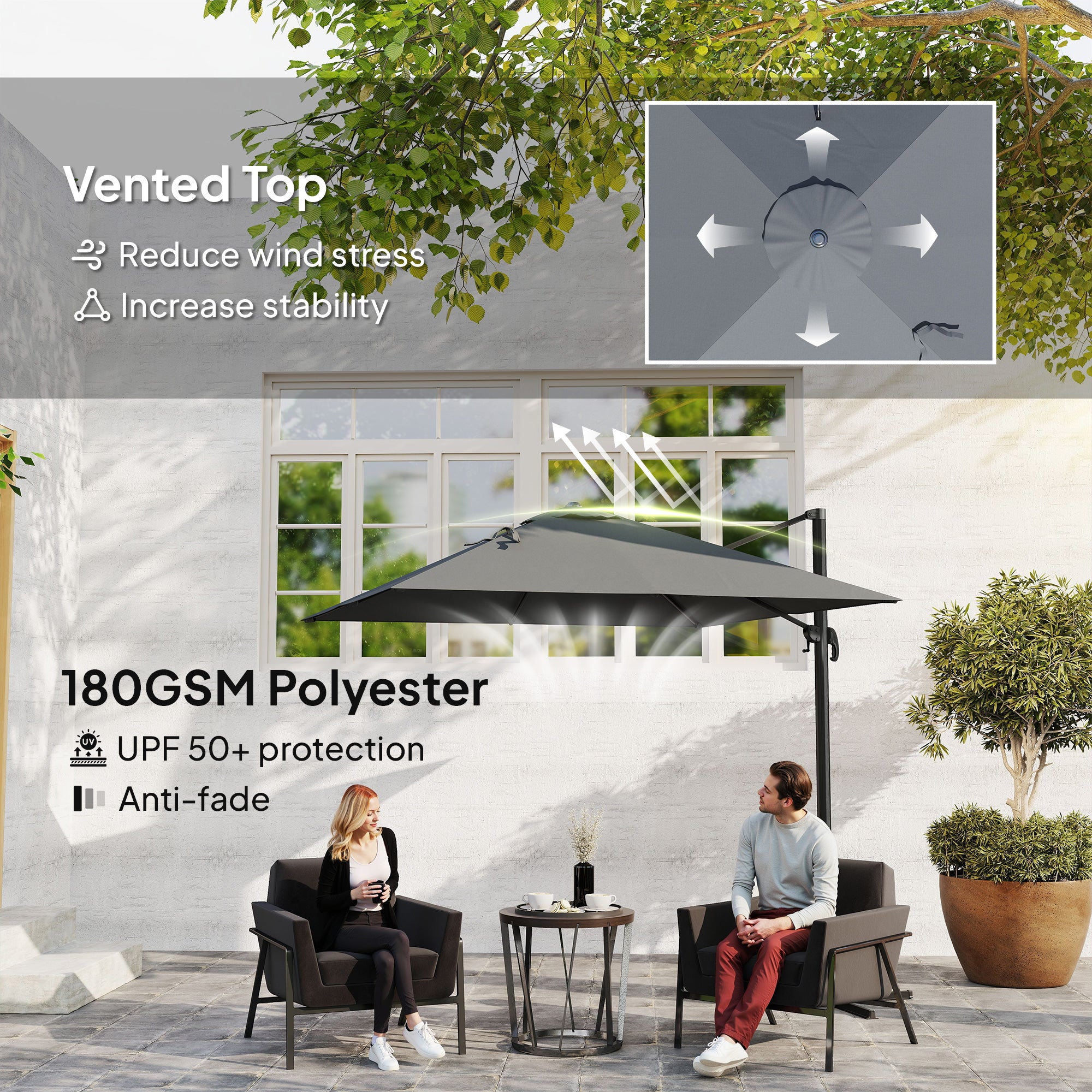 Outsunnny FT Cantilever Patio Umbrella, UPF50+ Outdoor Square